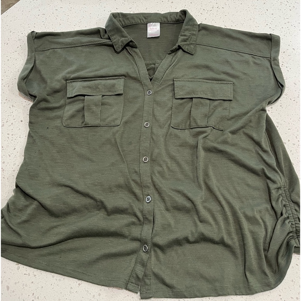 Olive green collared shirt with rushing on sides